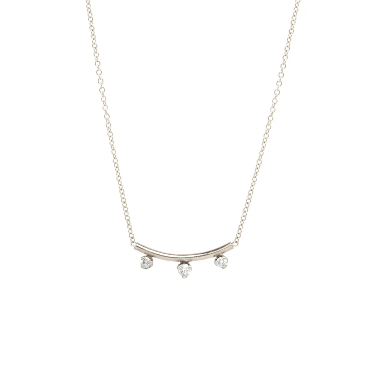 14k Short Curved Bar Necklace with 3 Prong Diamonds