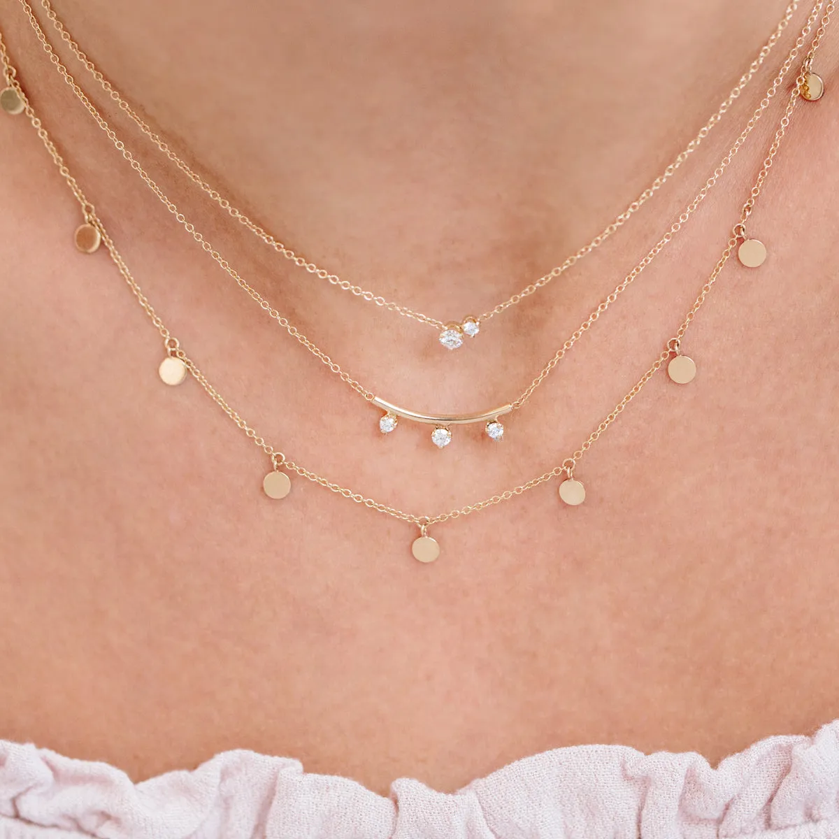 14k Short Curved Bar Necklace with 3 Prong Diamonds