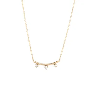 14k Short Curved Bar Necklace with 3 Prong Diamonds