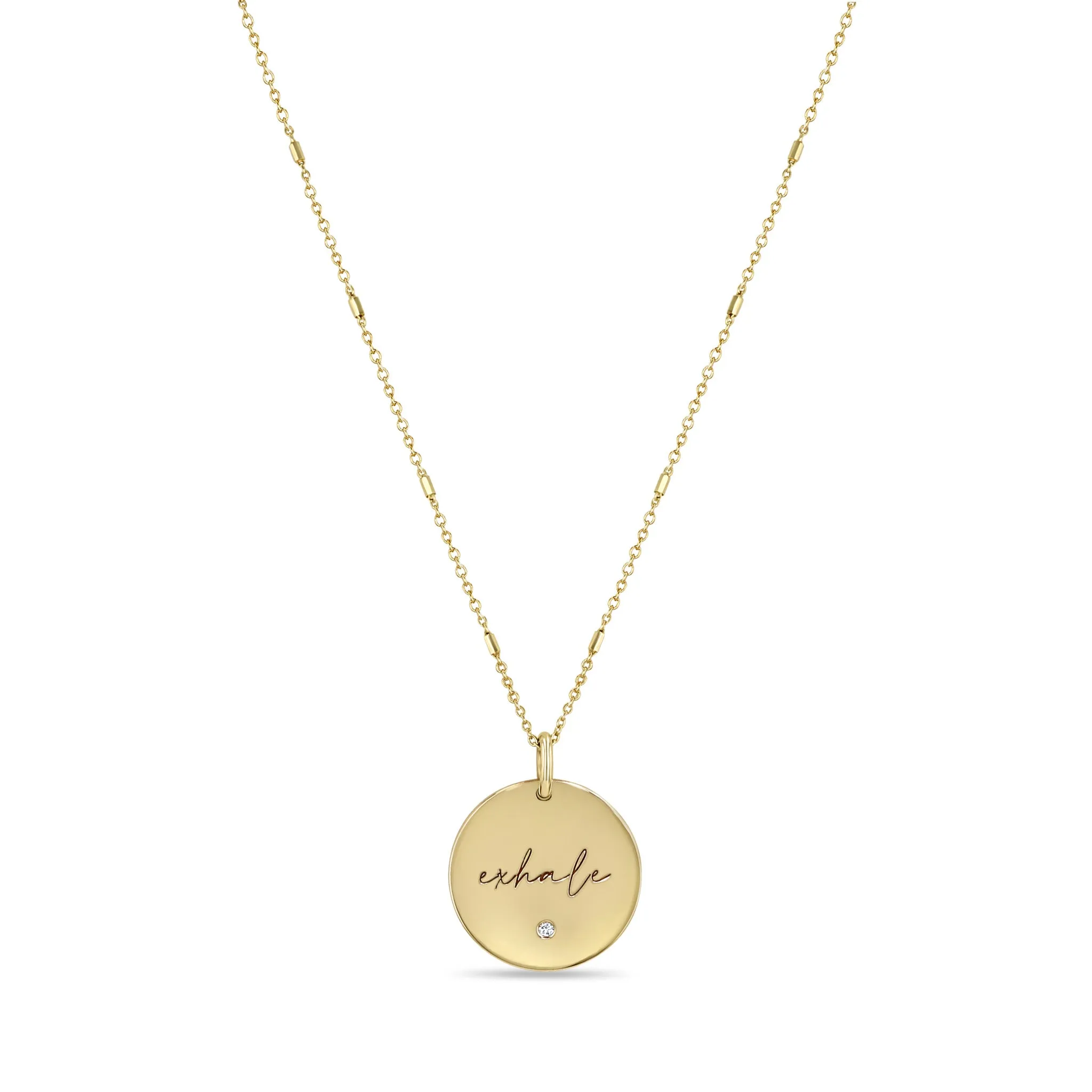 14k Small exhale Disc Pendant on Bar & Cable Chain Necklace