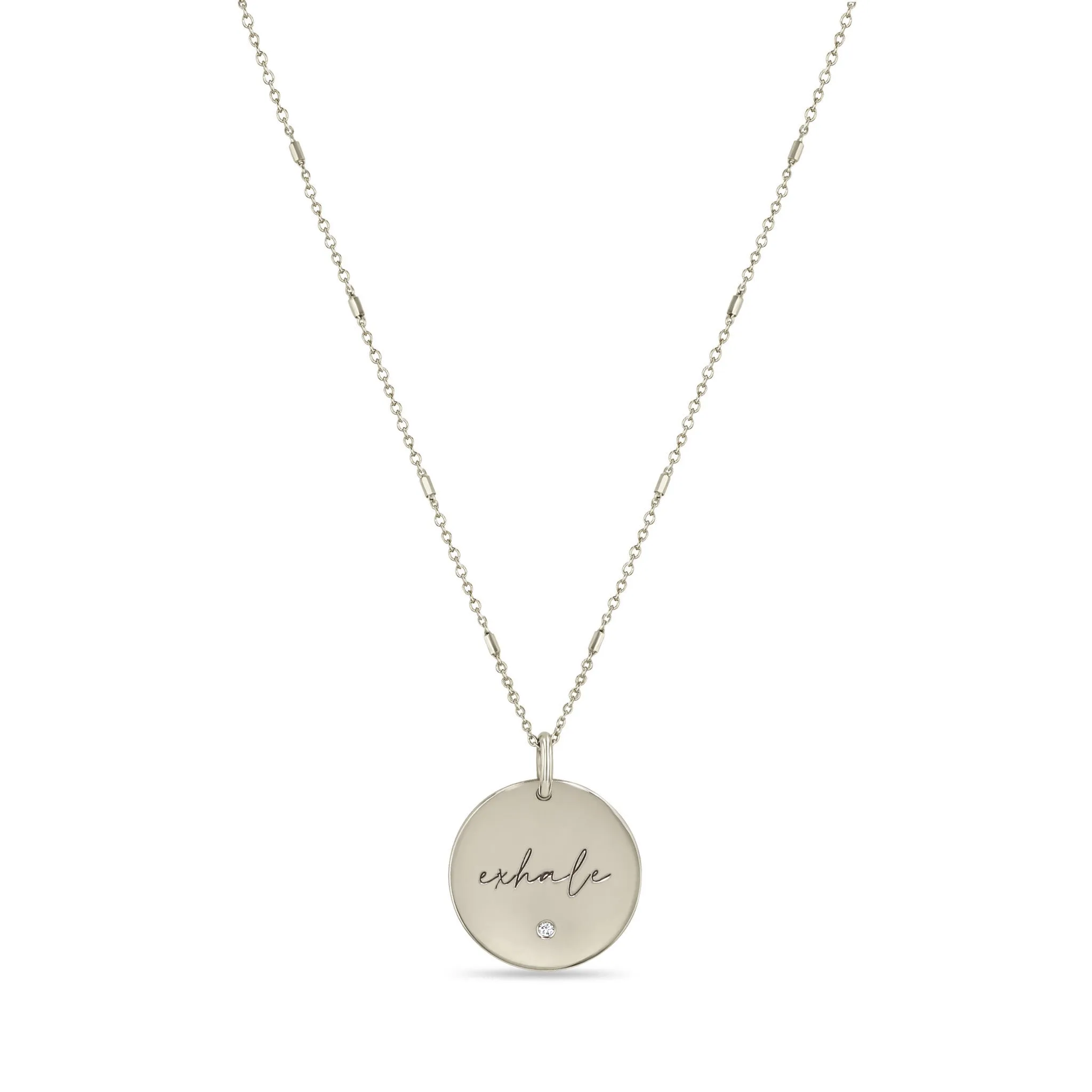 14k Small exhale Disc Pendant on Bar & Cable Chain Necklace