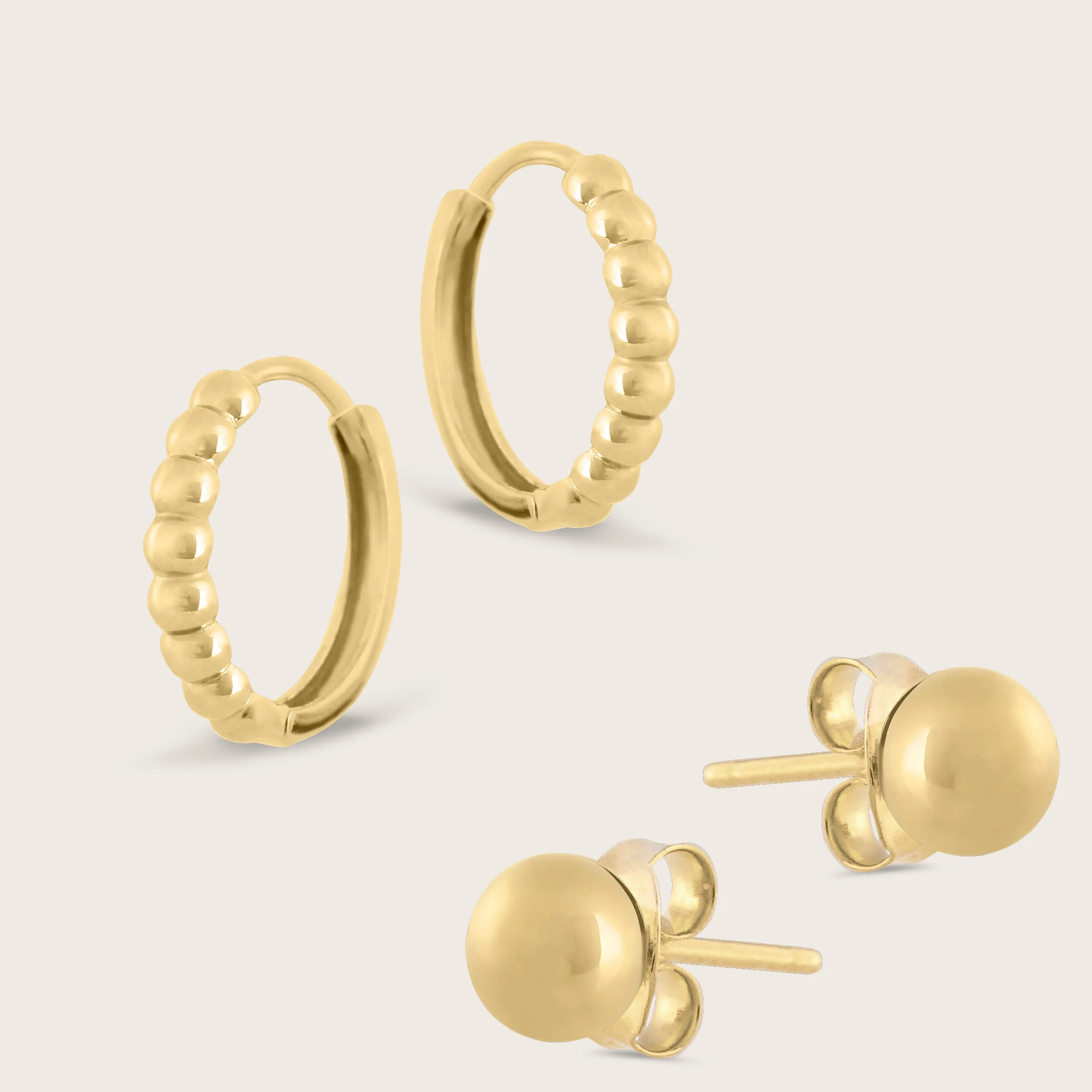 14k Yellow Gold Beaded Huggie Hoops and Sphere Stud Earrings Set