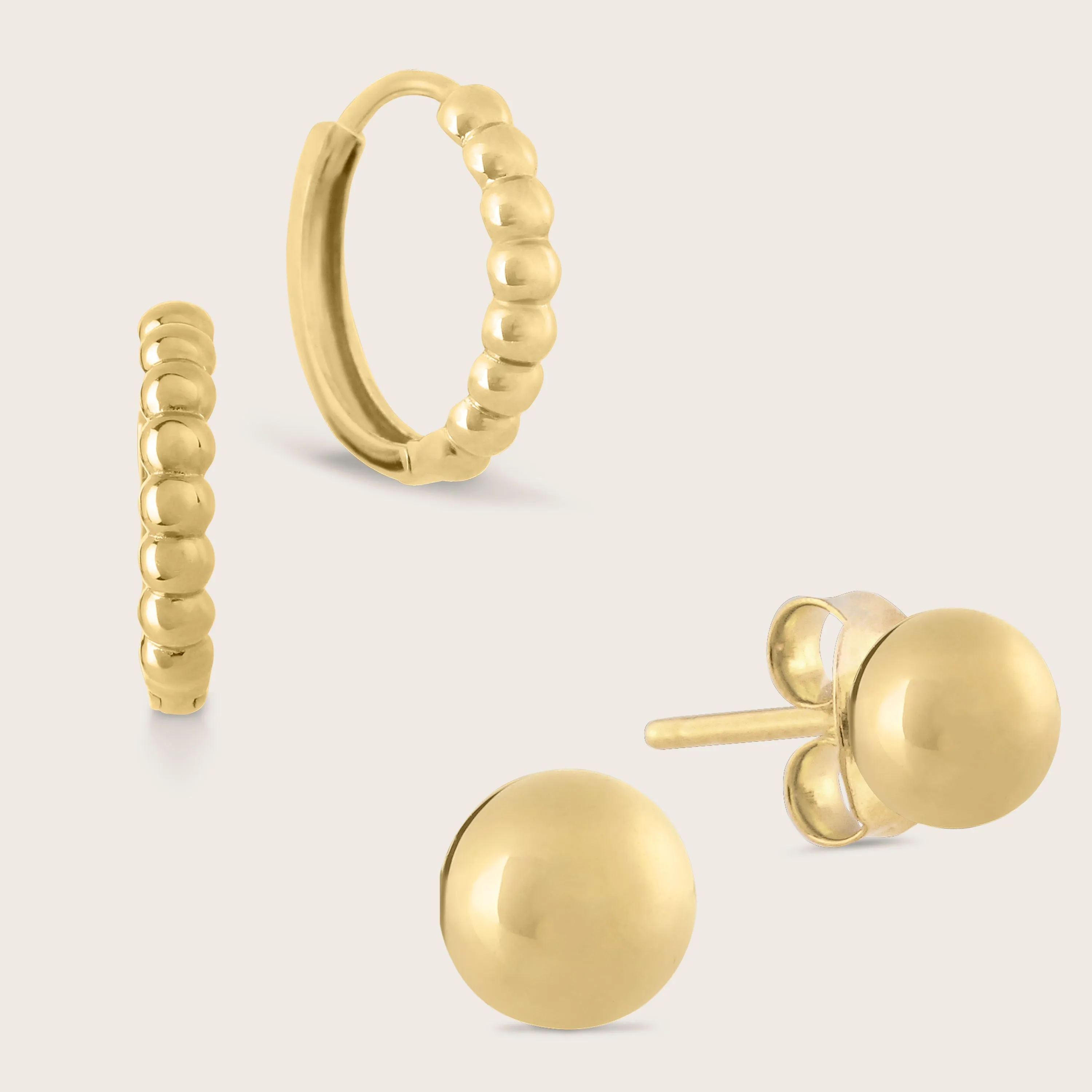 14k Yellow Gold Beaded Huggie Hoops and Sphere Stud Earrings Set