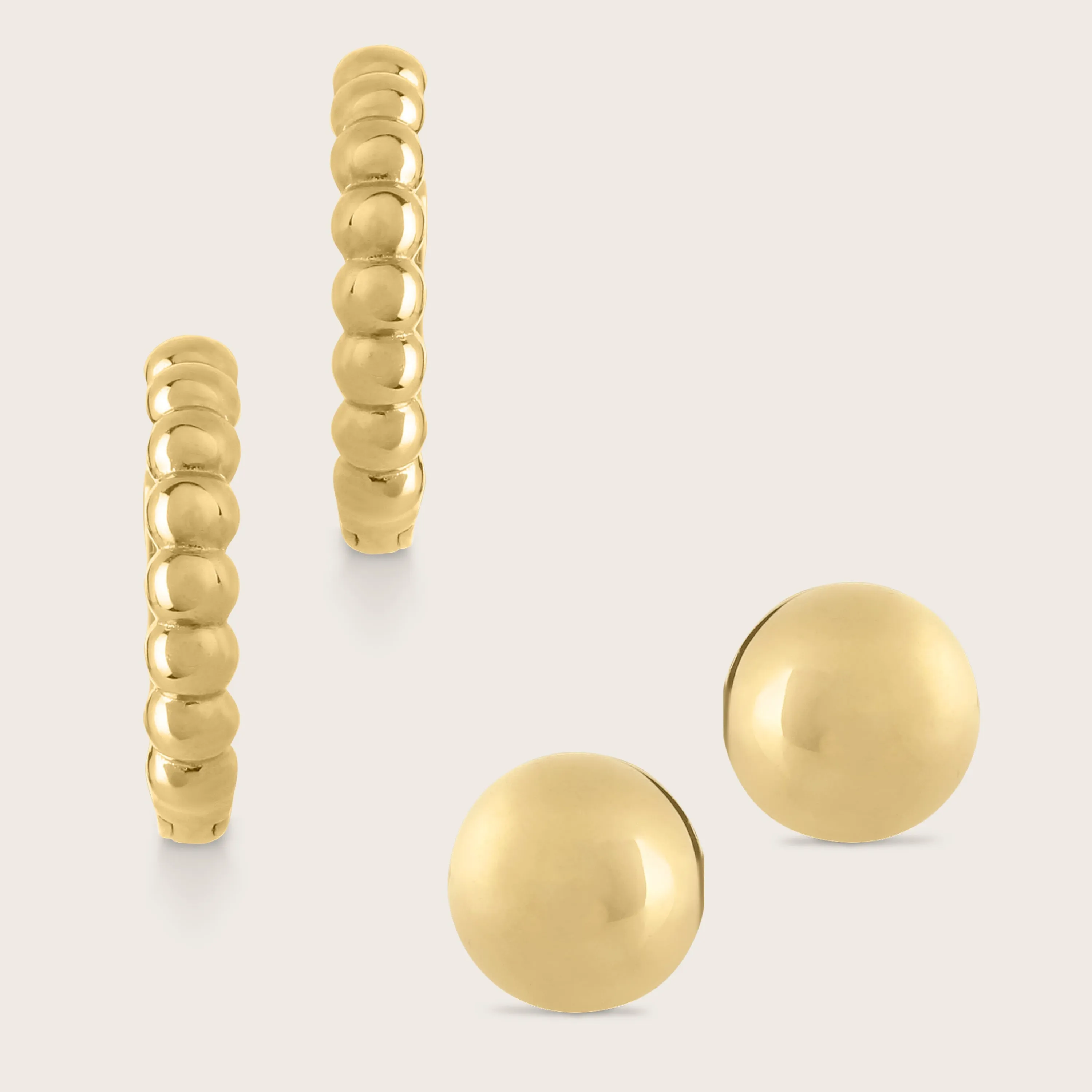 14k Yellow Gold Beaded Huggie Hoops and Sphere Stud Earrings Set