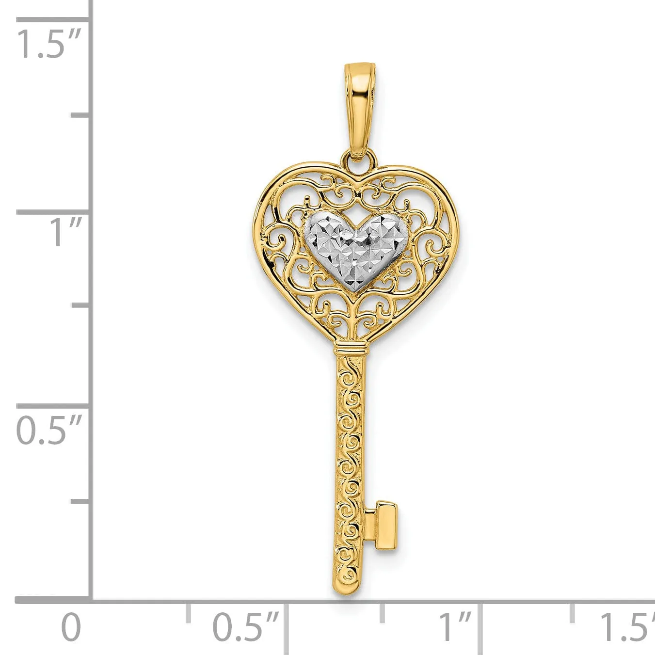 14k Yellow Gold D.C Finish Concave Heart Filigree Design Key Charm Pendant