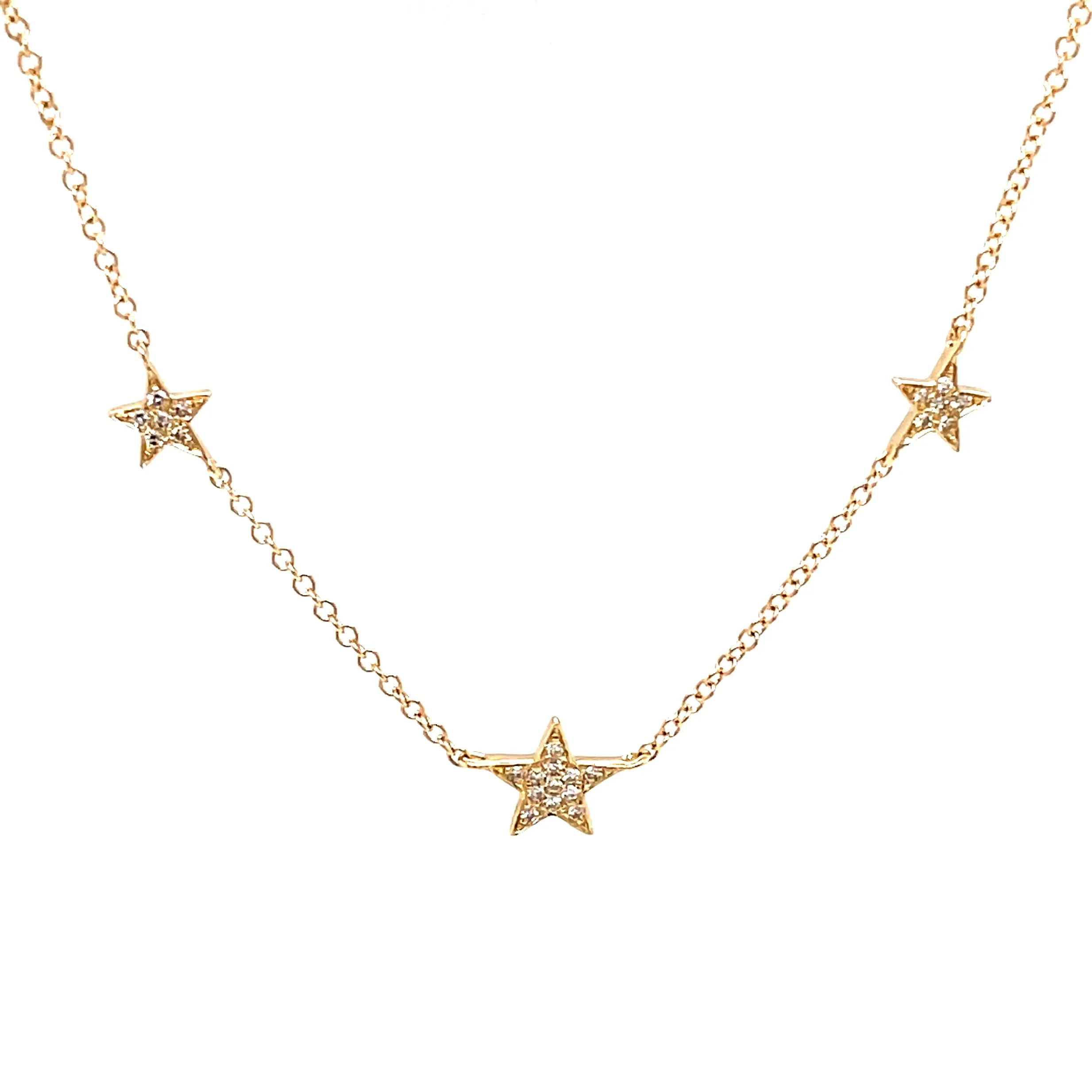 14k Yellow Gold Diamond Triple Star Necklace