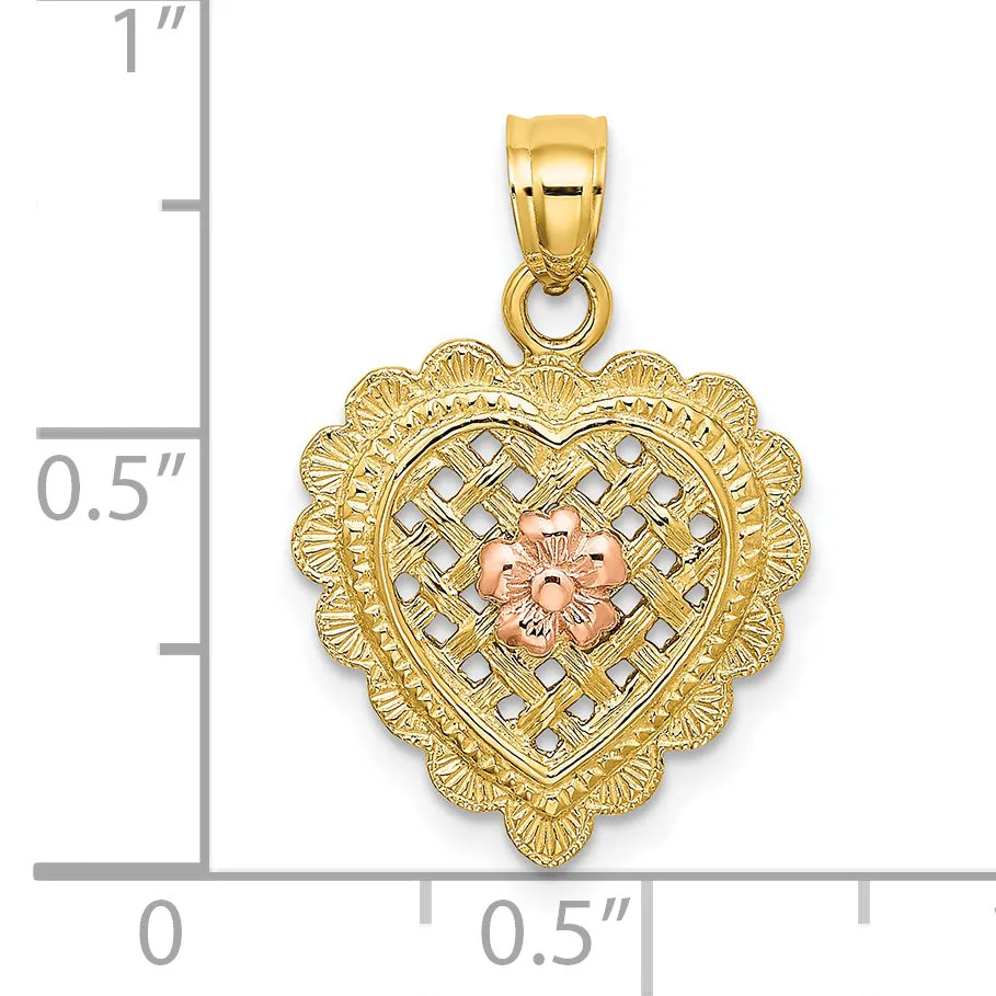 14k Yellow Rose Gold Flower In Heart Basket Design Pendant