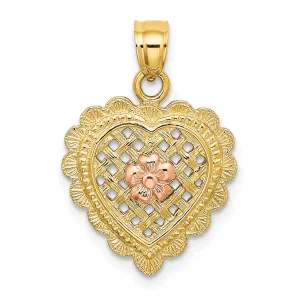 14k Yellow Rose Gold Flower In Heart Basket Design Pendant