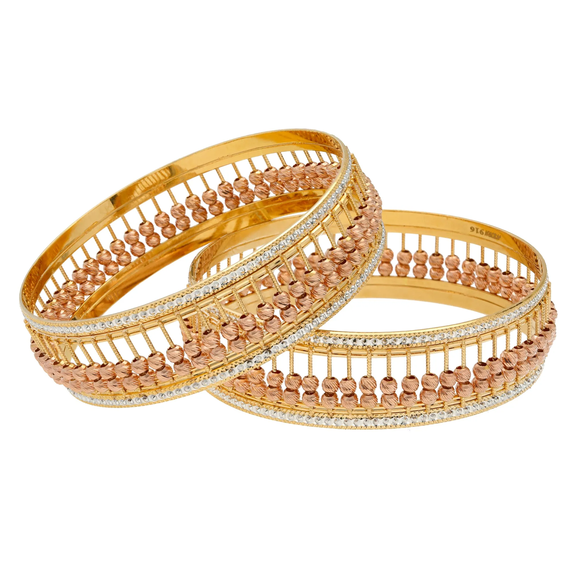 22K Yellow & Rose Gold Beaded Bangle Set of 2 (77.6gm)