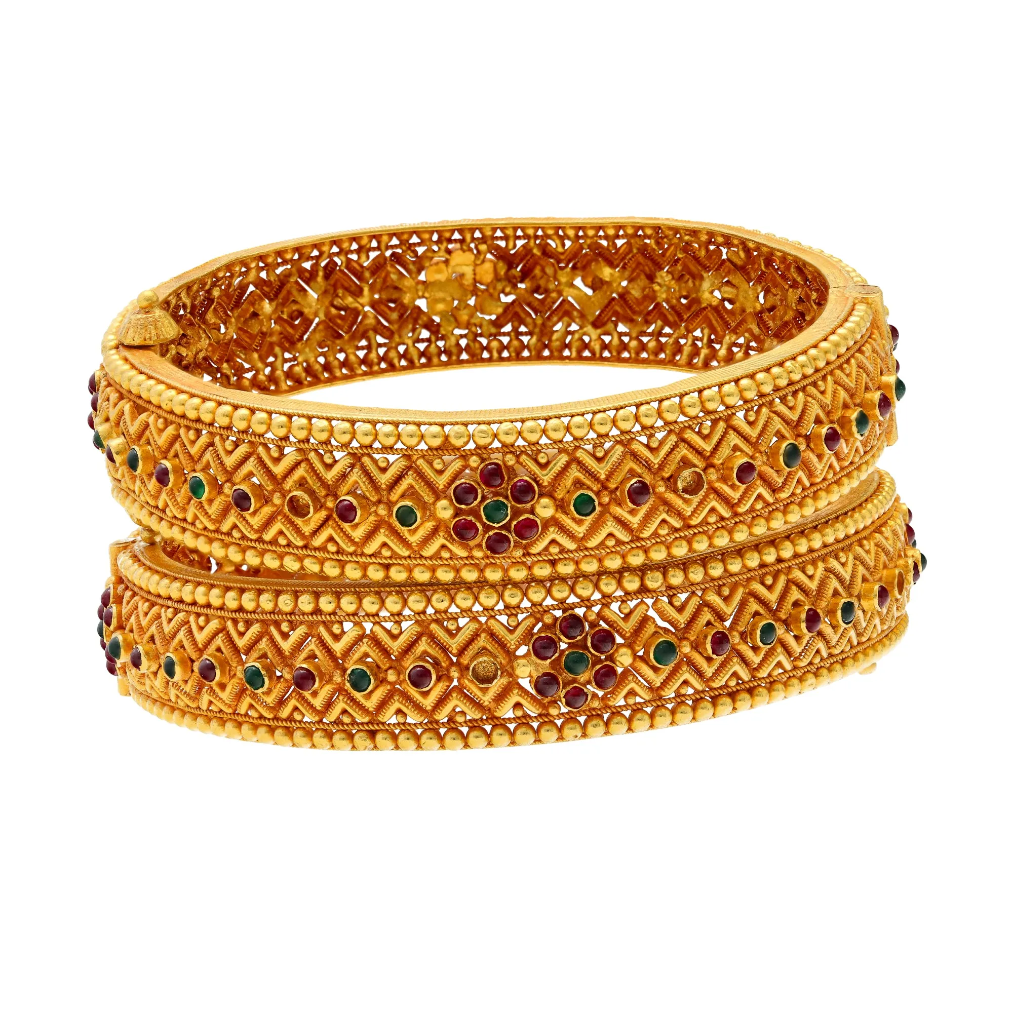 22K Yellow Gold, Emerald & Ruby Bangle Set (65gm)