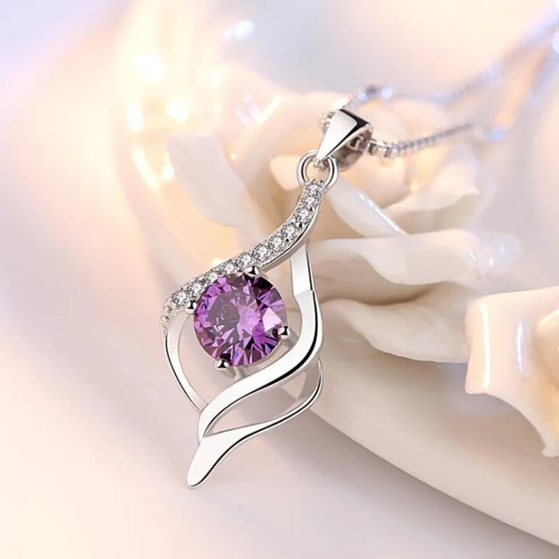 925 sterling silver ladies fashion jewelry purple crystal zircon pendant necklace