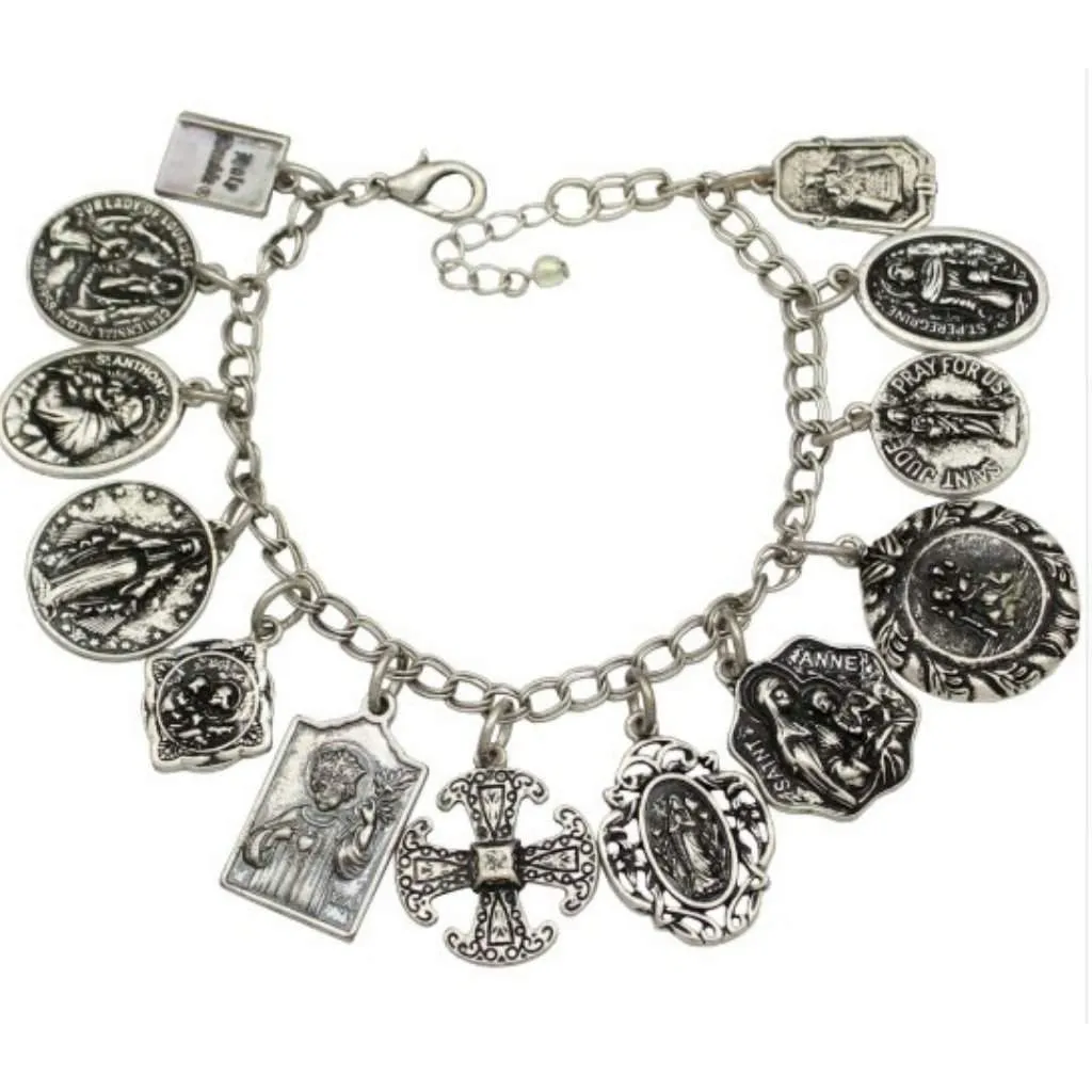 Antique Silver Religious Saints and Cross Charm Bracelet