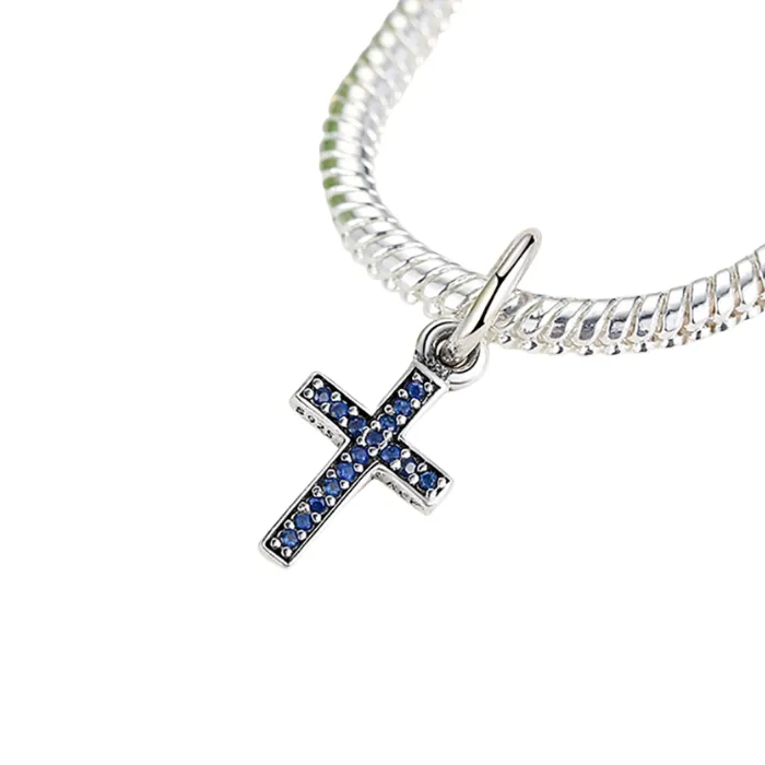 Blue Sparkling Cross Charm 925 Sterling Silver