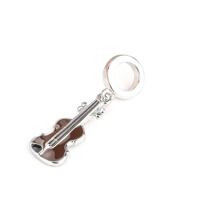 Brown Enamel Guitar Dangle Charm 925 Sterling Silver