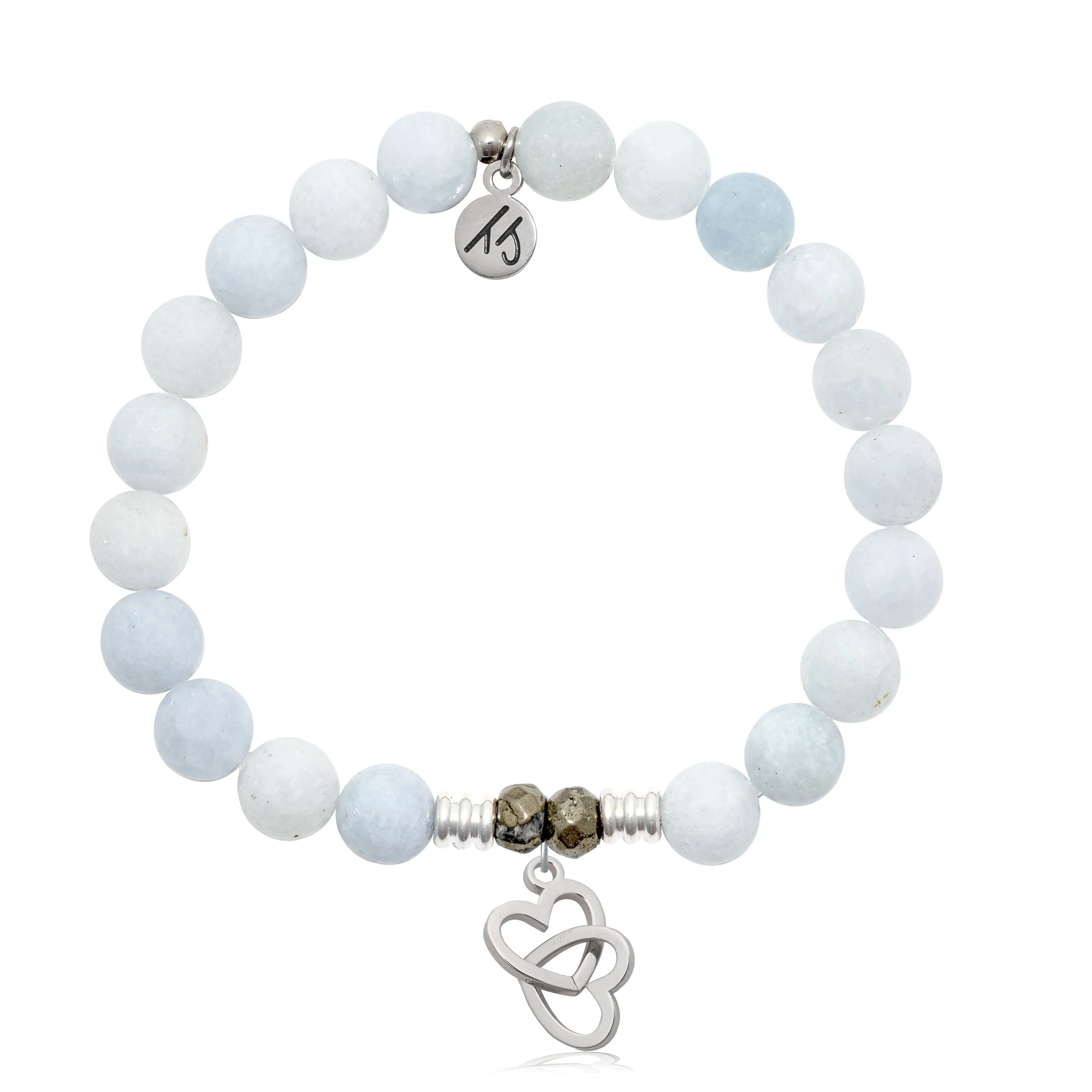 Celestine Gemstone Bracelet with Linked Hearts Sterling Silver Charm