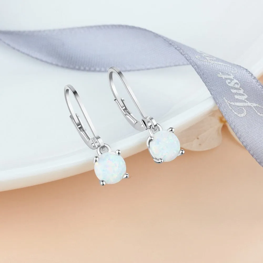 Charm Created Round White Fire Opal Earrings - 925 Sterling Silver