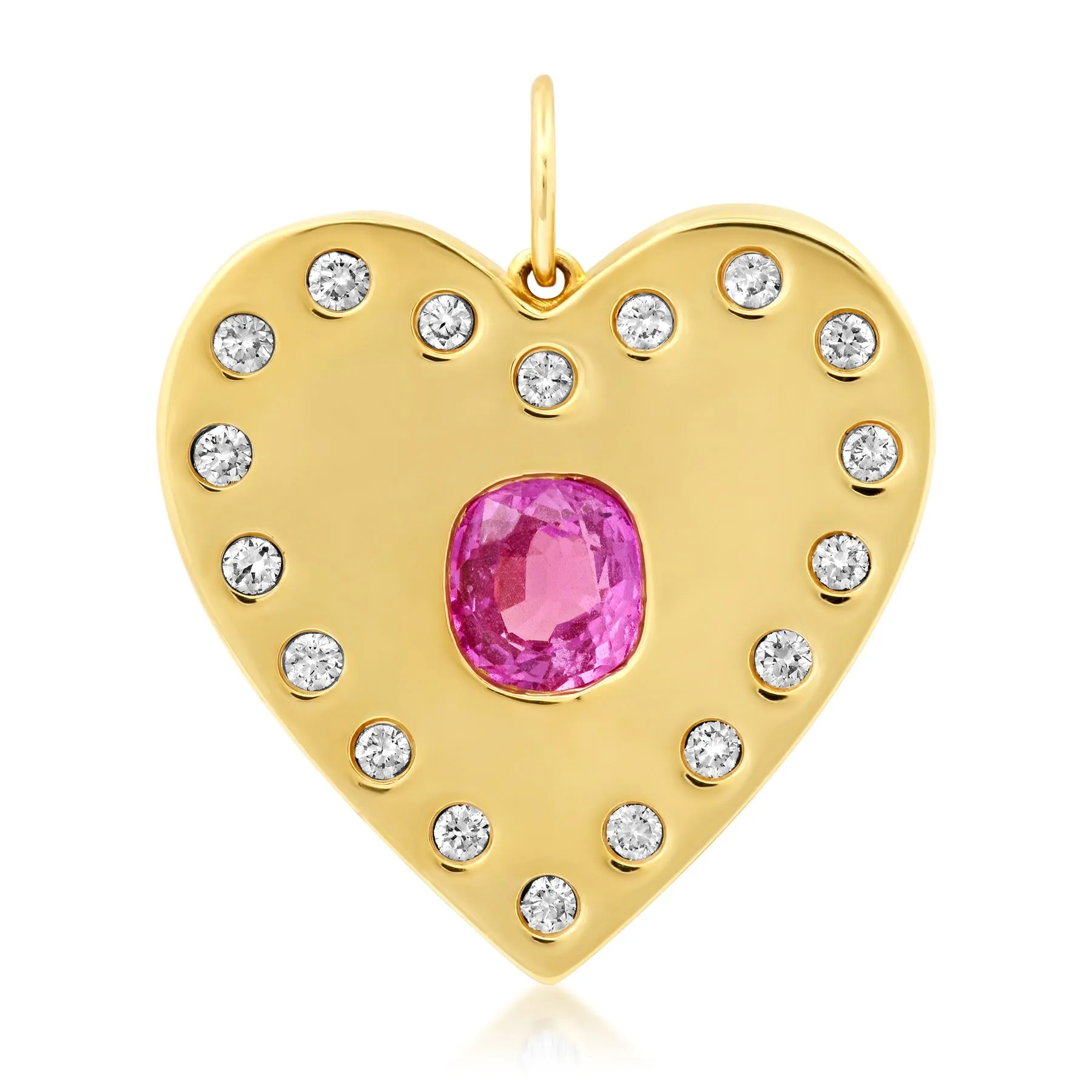 CUSHION CUT PINK RUBY HEART PENDANT, 14kt GOLD