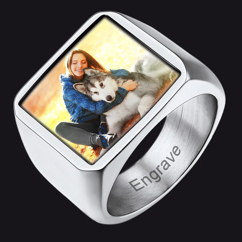 Custom Square Signet Ring With Photo for Men