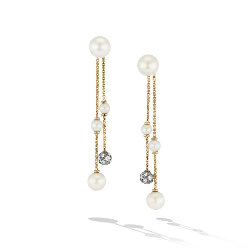 David Yurman Pearl and Pave Two Row Drop Earrings in 18K Yellow Gold with Diamonds