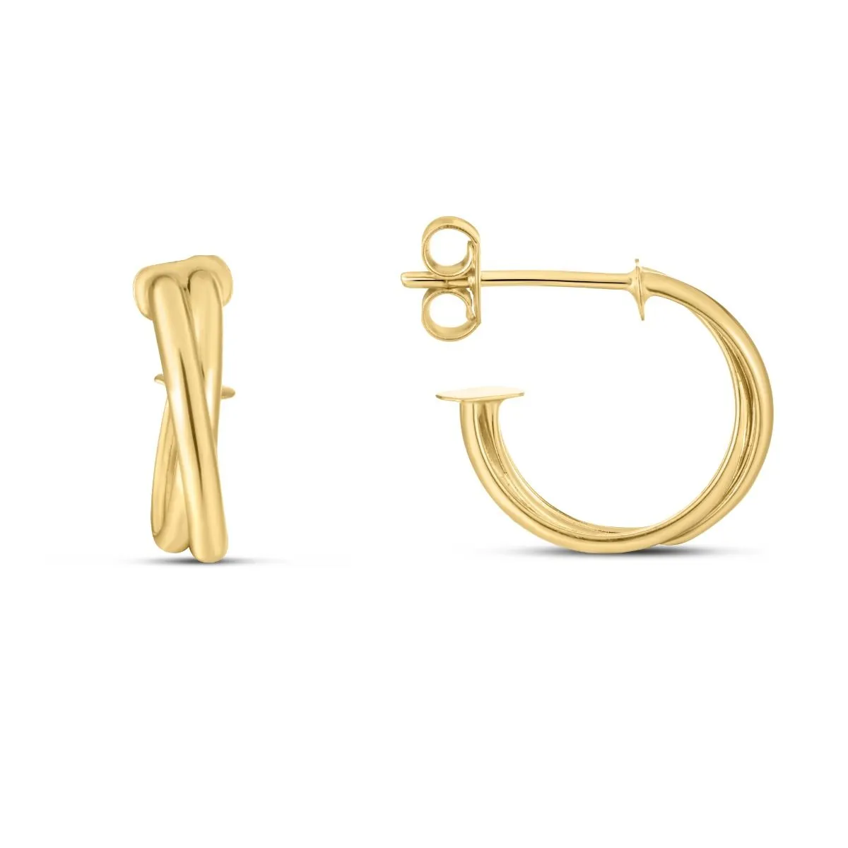 Delicate Crossover Double Row 15mm Hoop Earrings in Yellow Gold