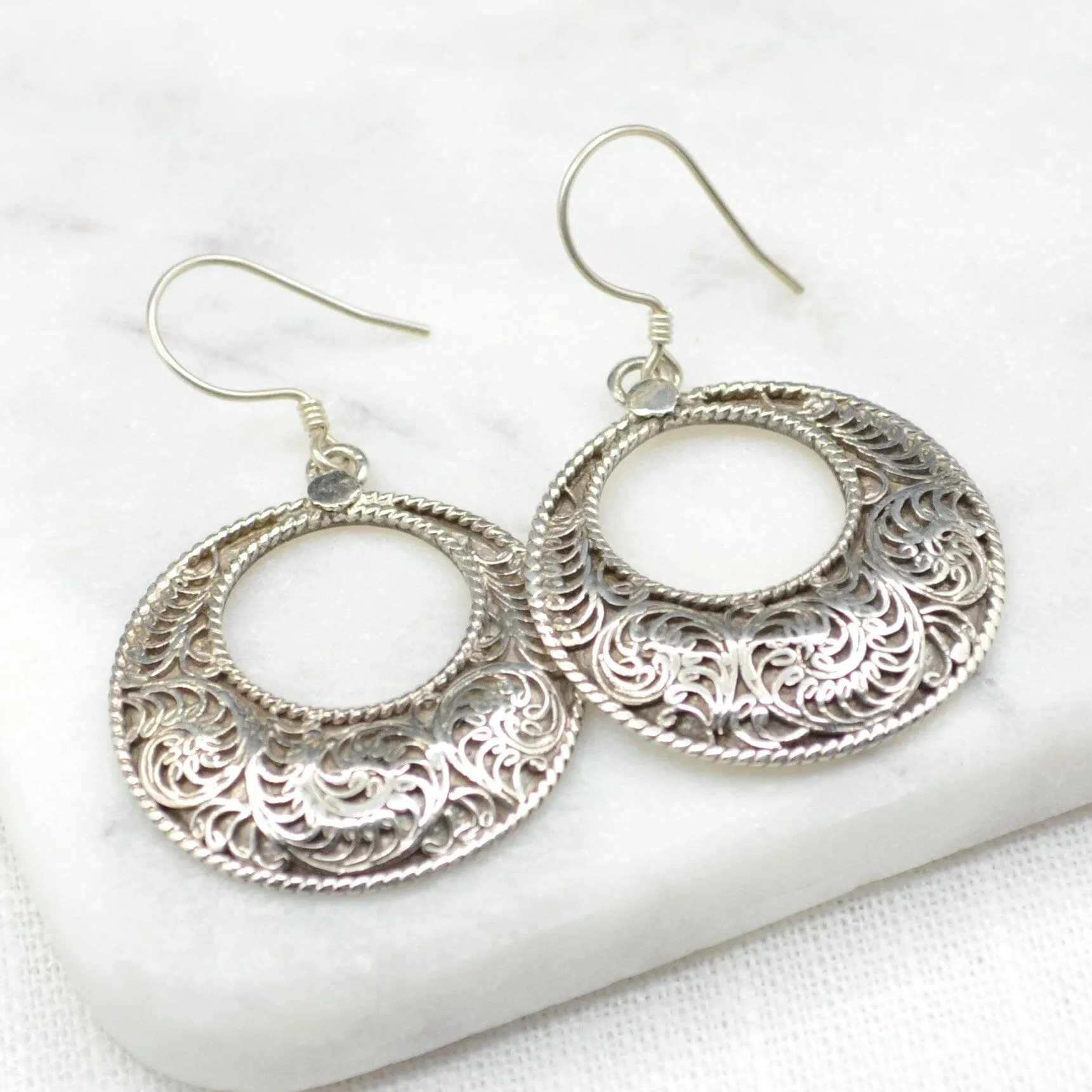 Filigree Crescent Silver Earrings