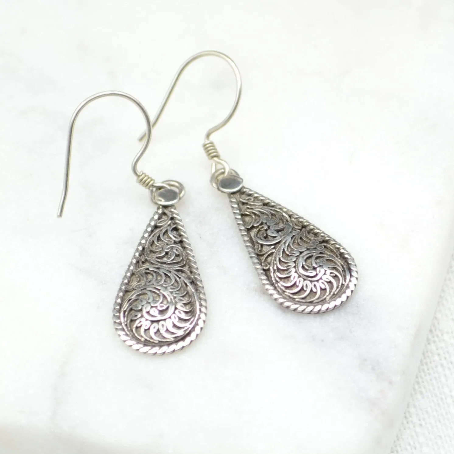 Filigree Teardrop Silver Earrings