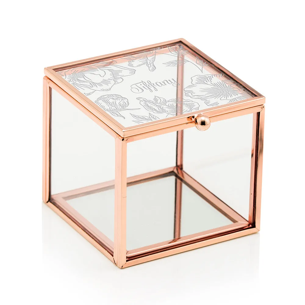 Floral Etching Personalized Rose Gold and Glass Jewelry Box