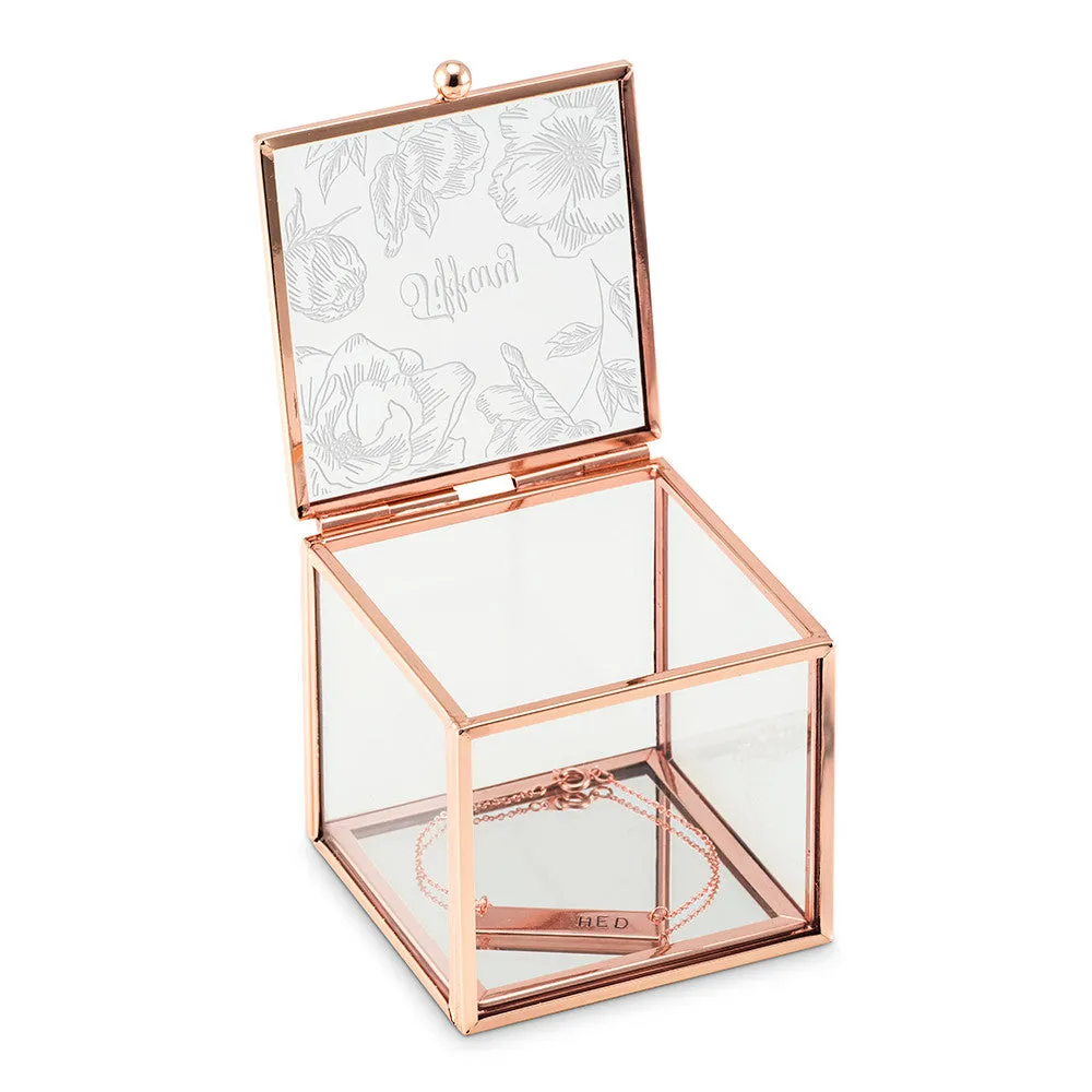 Floral Etching Personalized Rose Gold and Glass Jewelry Box