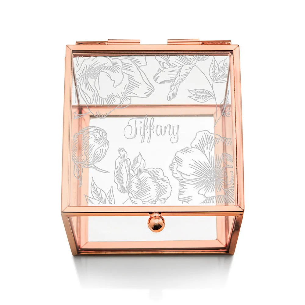 Floral Etching Personalized Rose Gold and Glass Jewelry Box