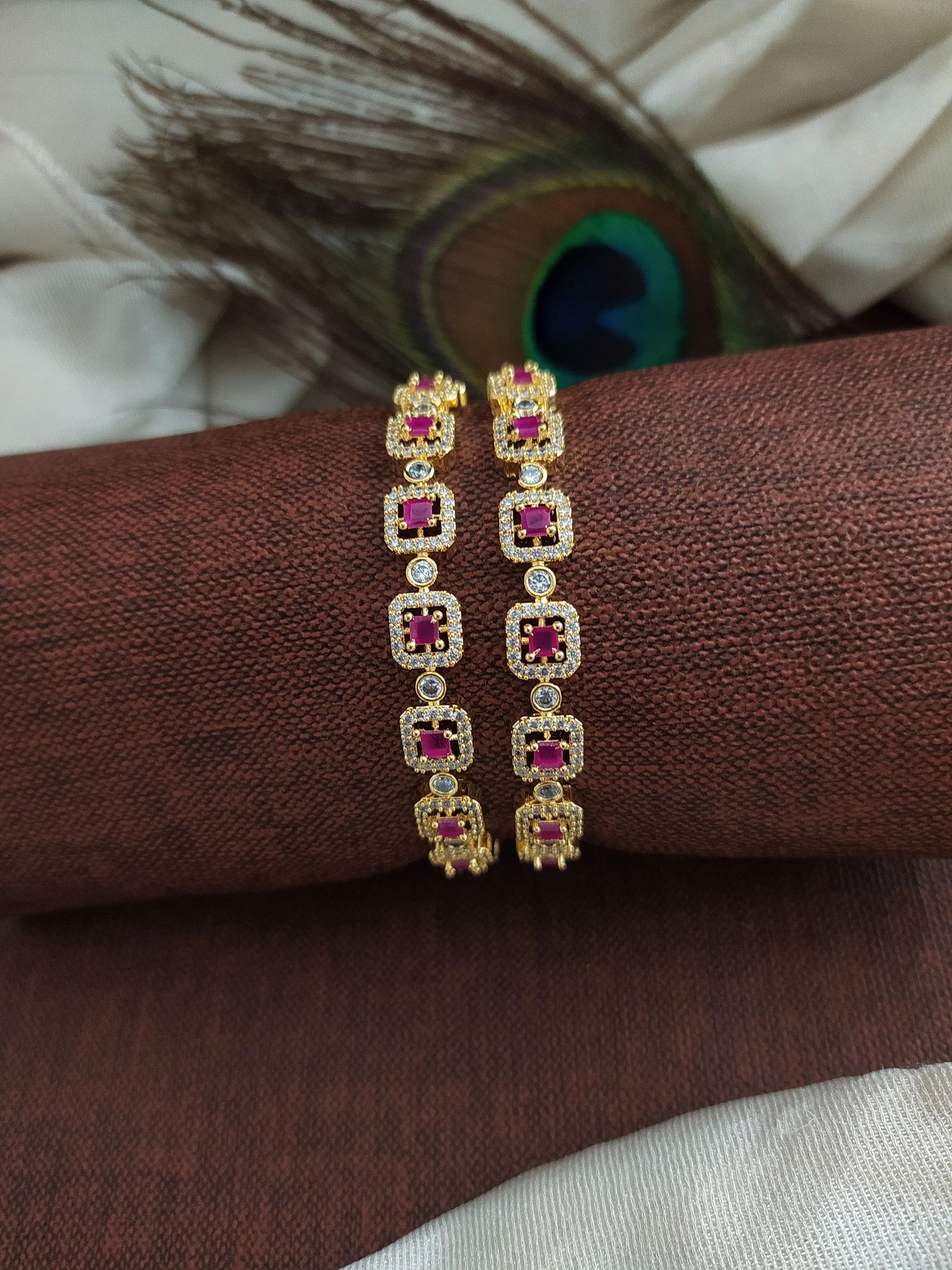 Glamorous Gold Plated Ruby & Green Zircon Bangles