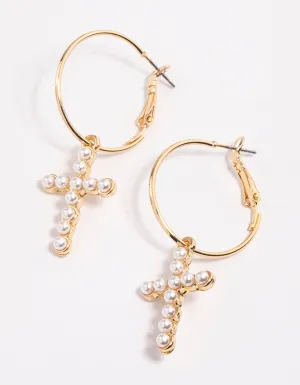 Gold Simple Pearl Cross Hoop Earrings