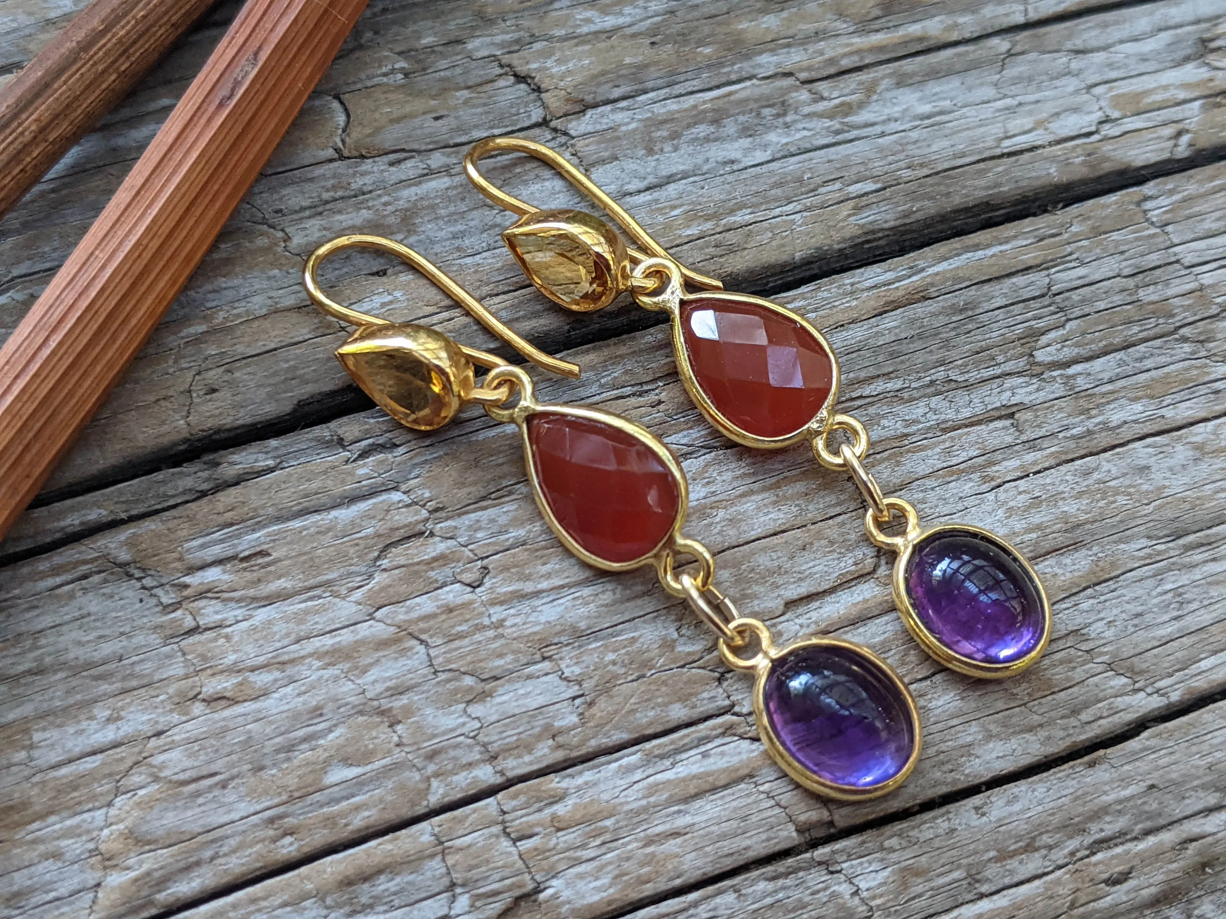 Golden Citrine, Carnelian & Amethyst Gemstone Earrings