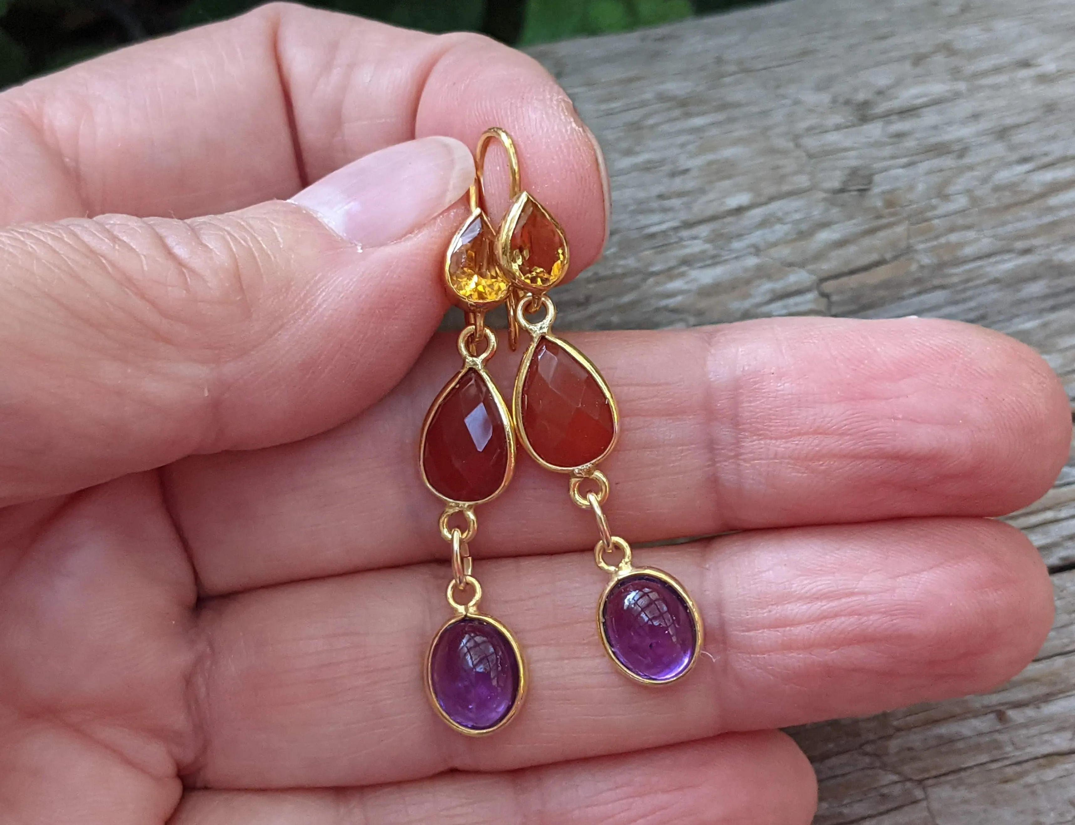 Golden Citrine, Carnelian & Amethyst Gemstone Earrings