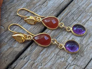 Golden Citrine, Carnelian & Amethyst Gemstone Earrings