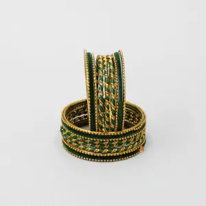 Green Thread Work Velvet Bangles - Set Of 18