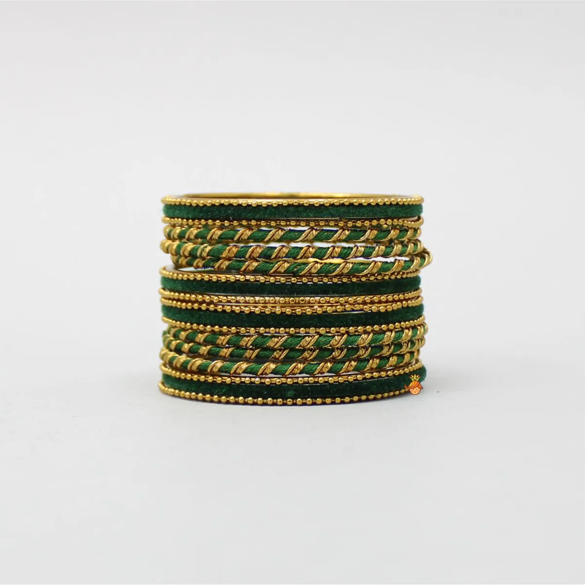 Green Thread Work Velvet Bangles - Set Of 18