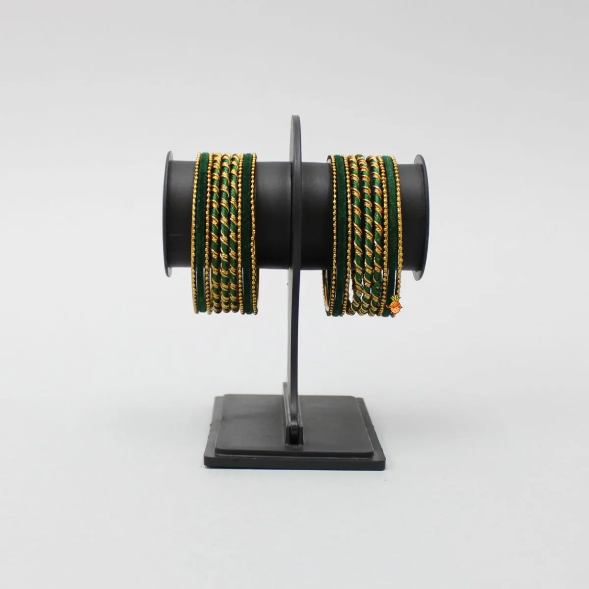 Green Thread Work Velvet Bangles - Set Of 18