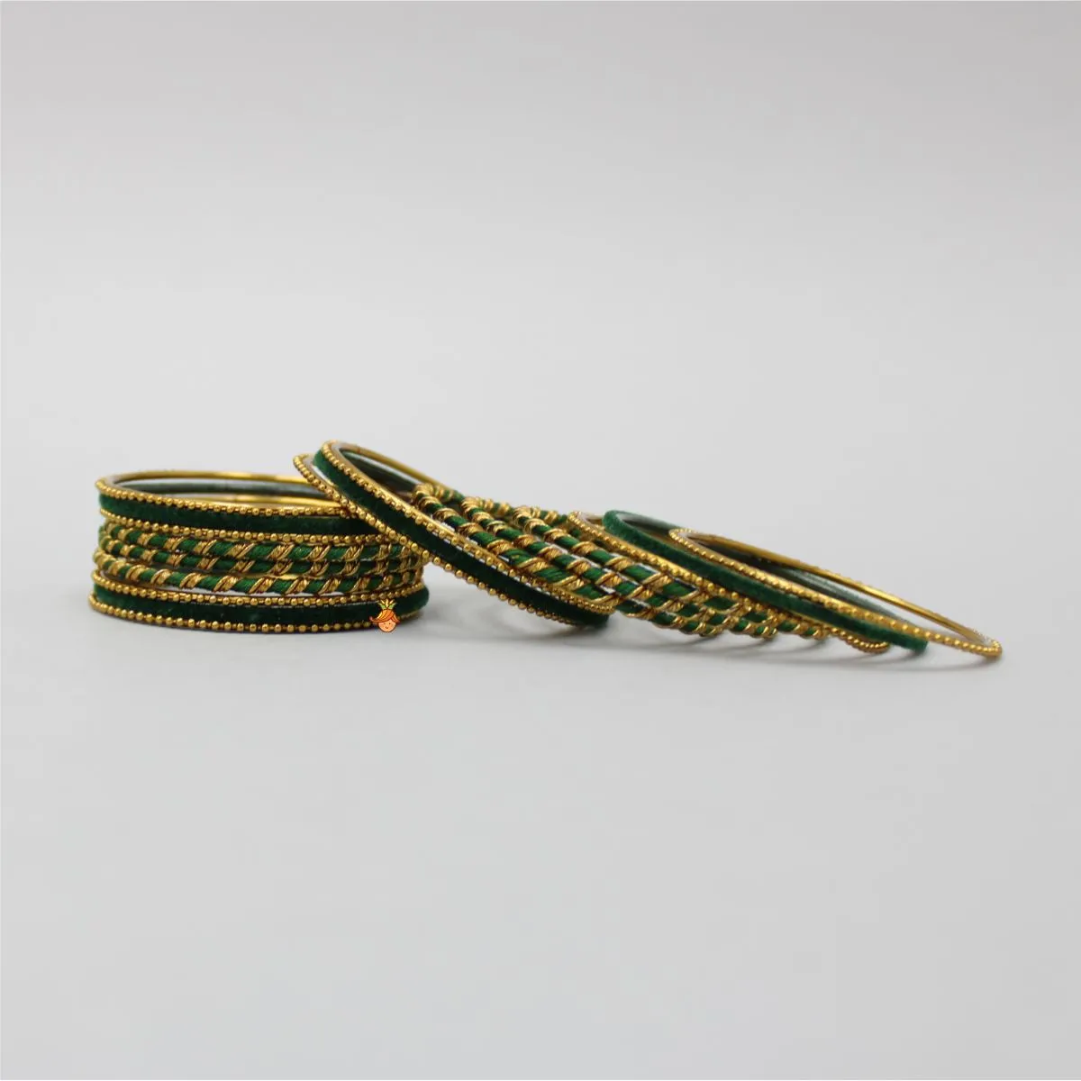 Green Thread Work Velvet Bangles - Set Of 18