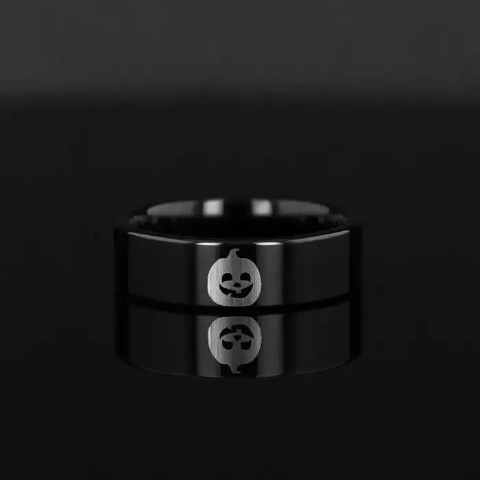 Happy Jack-O-Lantern Engraved Flat Polished Black Tungsten Ring (Morpheus) - 4mm - 12mm