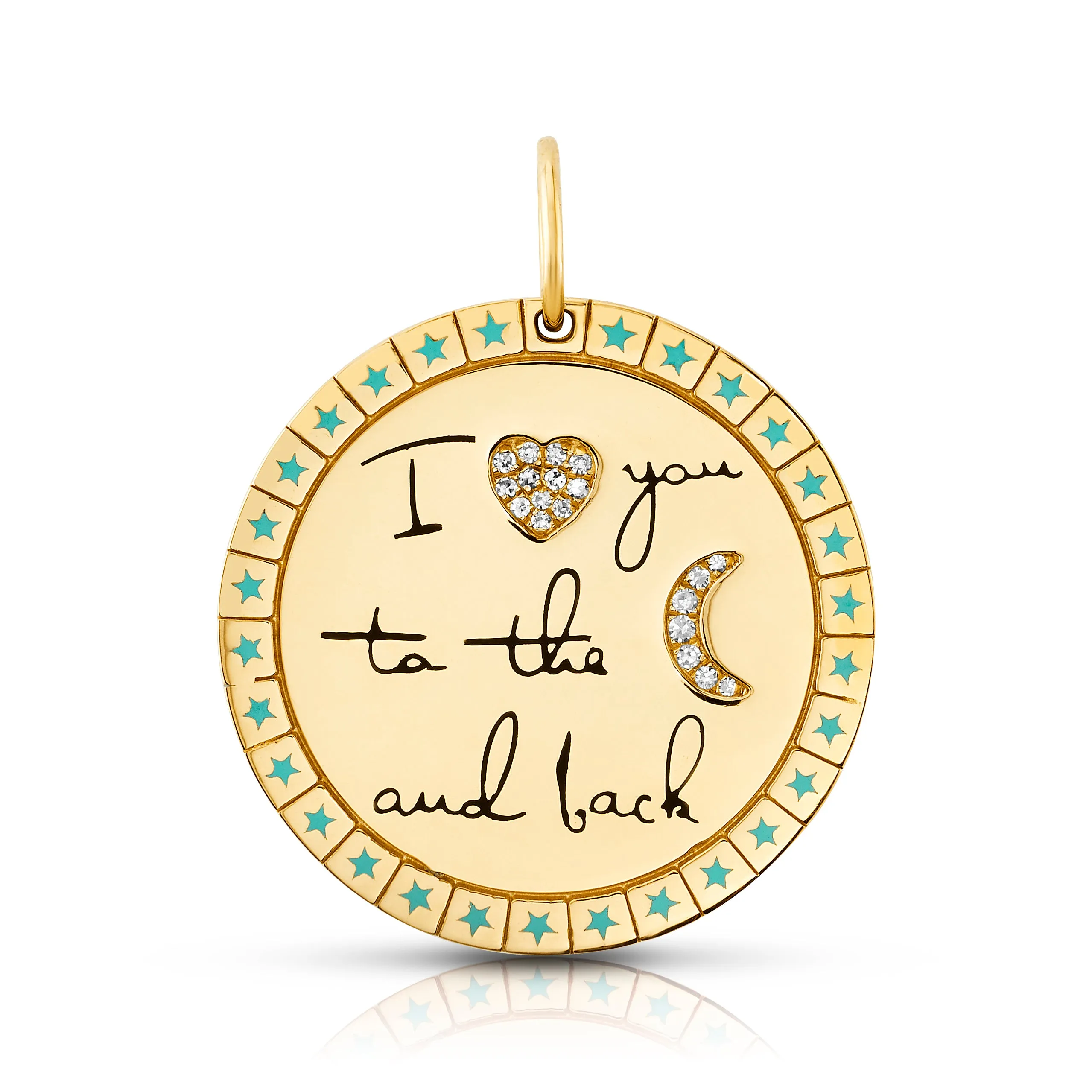 I love you to the moon and back turquoise enamel pendant, 14kt gold