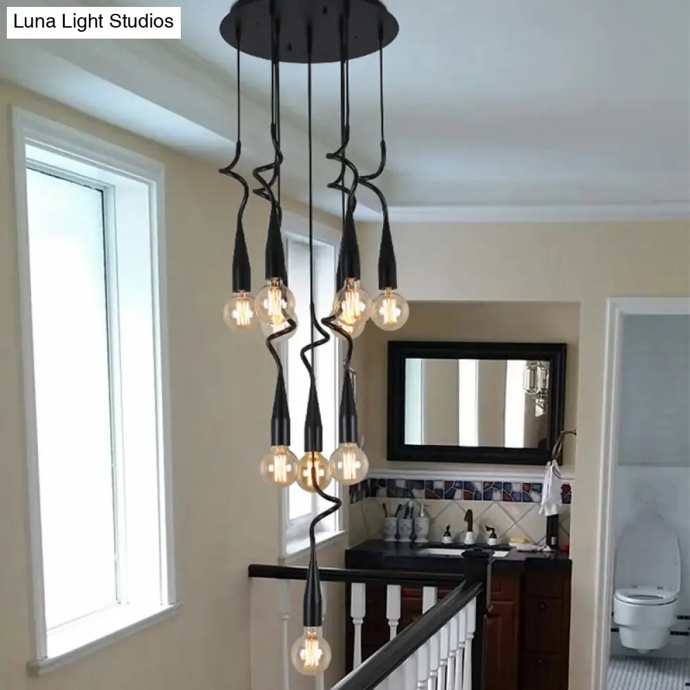 Industrial Style Black Iron Pendant Lamp with Cascading Open Bulb Design - 3 to 10 Heads