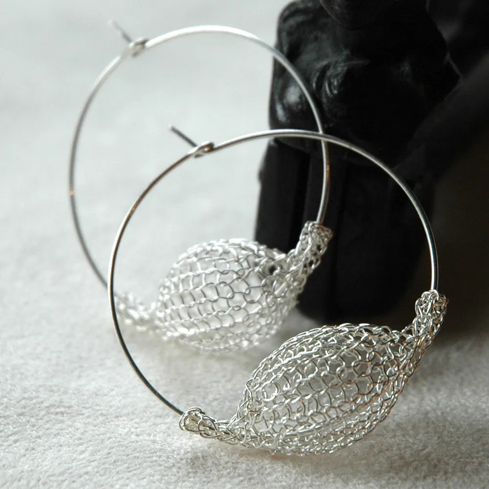 Large Silver Hoop Earrings , Bubble Pod Hoops