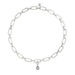 Link Chain Necklace and Tahitian Pearl Charm Silver Set