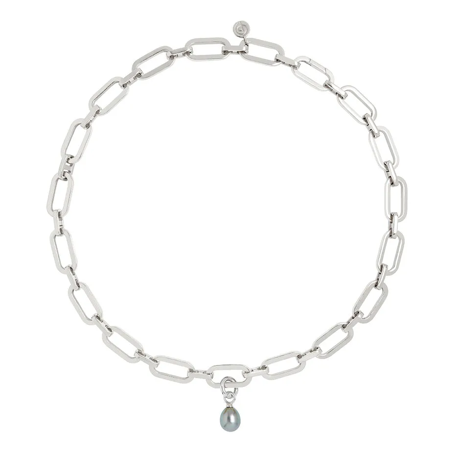 Link Chain Necklace and Tahitian Pearl Charm Silver Set