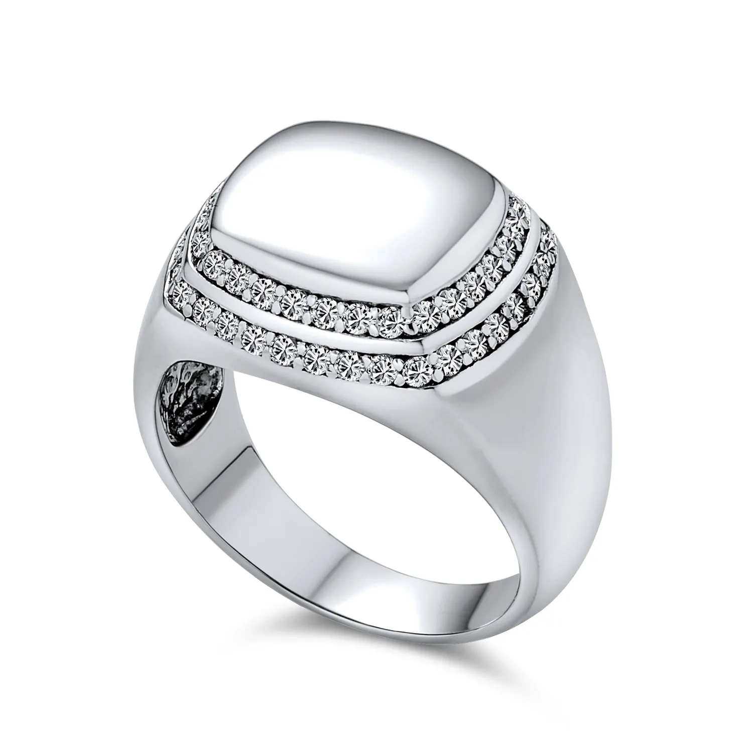 Mens Stainless Steel CZ Micro Pave Engravable Monogram Halo Signet Ring