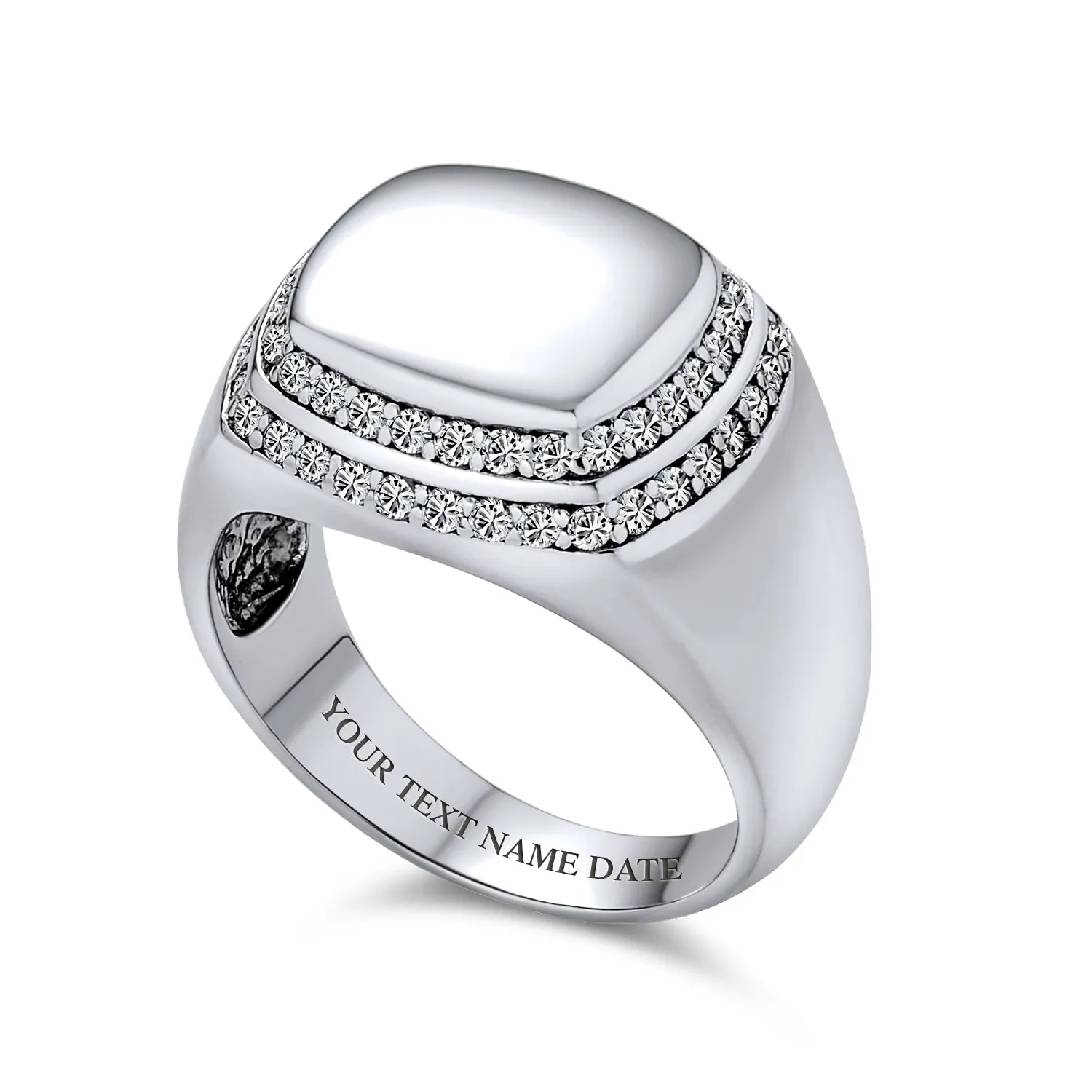 Mens Stainless Steel CZ Micro Pave Engravable Monogram Halo Signet Ring