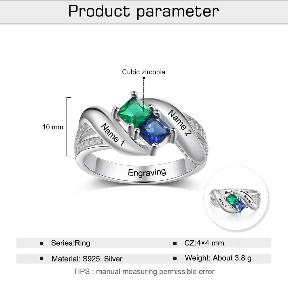 Personalized 925 Sterling Silver Promise Ring Custom Square Birthstone Band