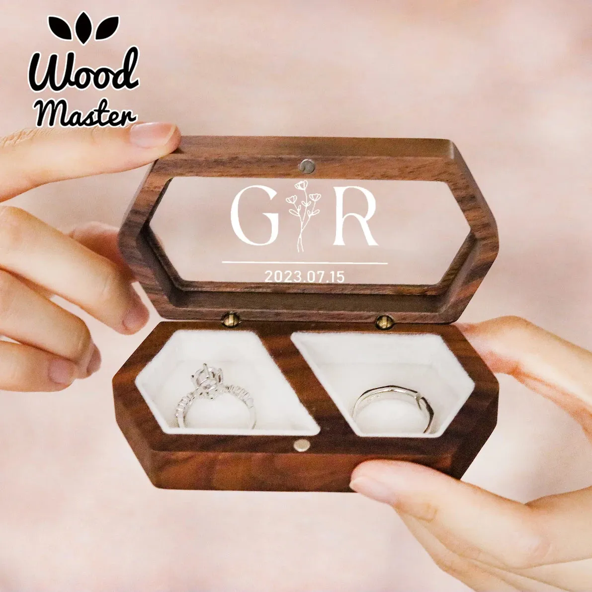 Personalized Walnut Wooden Ring Box - Custom Engraved Engagement