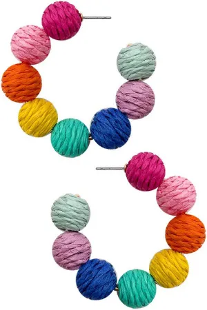 Raffia Pompom Ball Post Hoop Earring