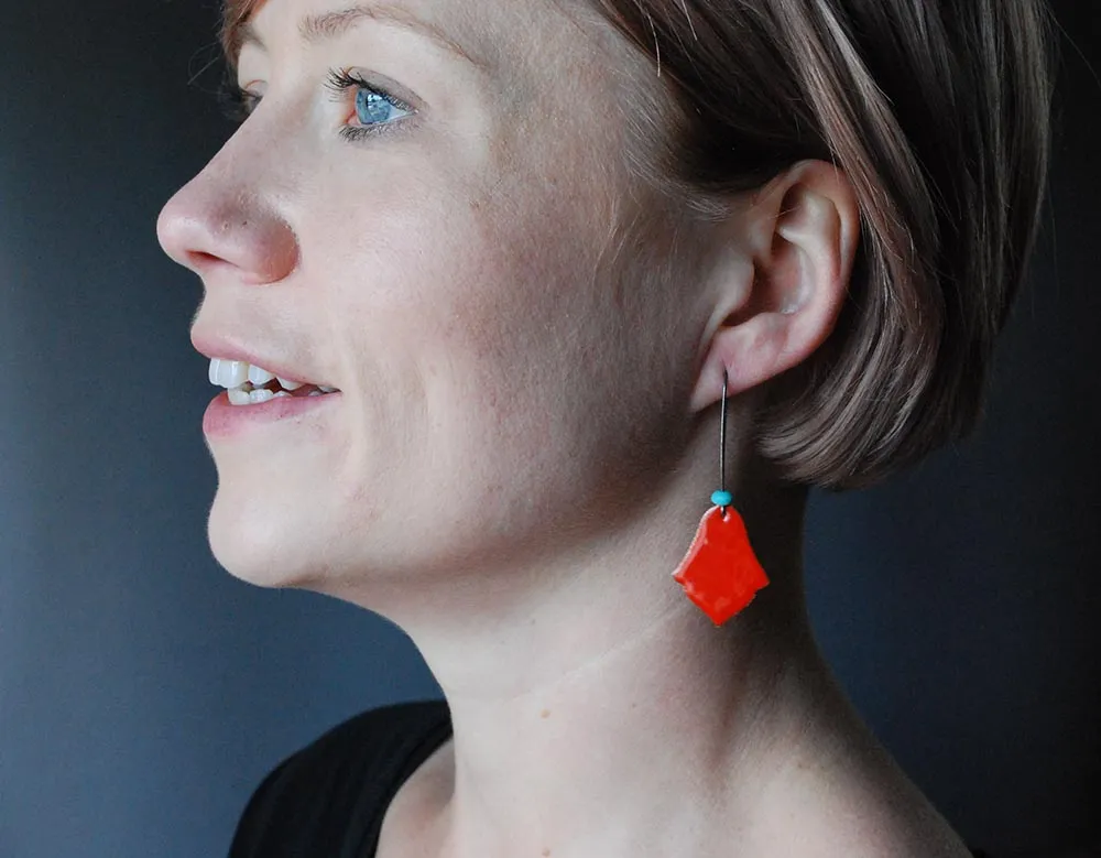 Red India Enameled Earring on Oxidized Silver Hook